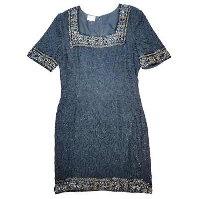Vintage 80s Stenay Silk Beaded Mini Dress Black Short Sleeves Sequin Party Glam - Image 1 of 4