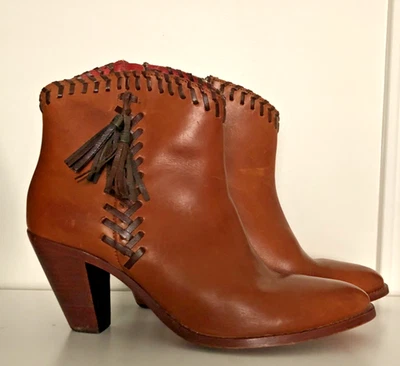 Women's TRASK Leather Ankle Boots Heels Western Tassels Stitching Tan Size 11 - Image 1 of 4
