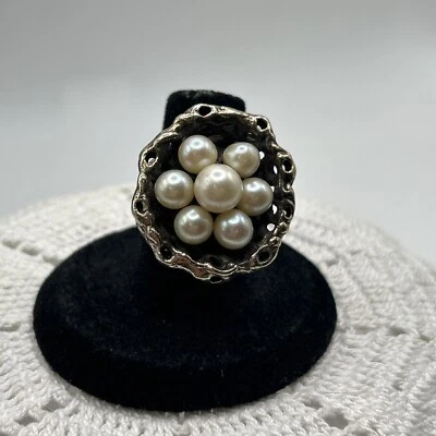 Solid Sterling Silver Ring Bird Nest w/ Pearl Eggs Ring Size 7 - 20.6g - Image 1 of 4