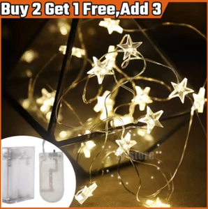 LED Star String Fairy Lights Warm White Multicoloured Copper Wire Battery Indoor - Picture 1 of 15