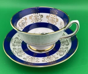 Vintage Royal Grafton England Cobalt Blue Gold Filigree Rose Cup and Saucer - Picture 1 of 7