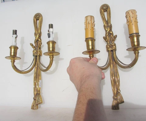 Vintage Brass Wall Lights Sconces Gold Gilt Old Old Drapes Light Acorn Cover