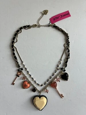 Vintage Betsey Johnson Hearts and Keys Two Layer Charm Necklace Gold Tone Chain - Image 1 of 4