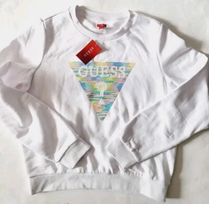 GUESS Womens Fleece Sweatshirt Pullover Guess Sequins Logo Size L White - Picture 1 of 4