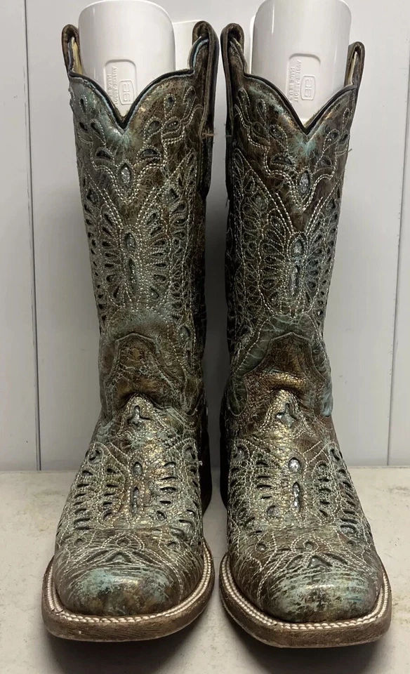 Corral boots 8.5 M Square Toe Women's bronze/turquoise glitter inlay style A2955 - Image 1 of 4