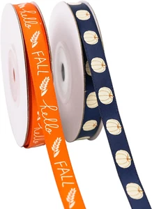 2 Rolls 20 Yards Fall Ribbons 3/8 Inch, Hello Fall Satin Ribbon Pumpkin Ribbon f - Picture 1 of 7