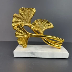 Sculpture 2 Leaf Ginko Gold Look Sculpture Modern Metal Leaves Marble Base - Picture 1 of 10