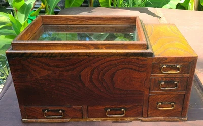 Antique Wood Japanese Tea Chest Hibachi Brazier w/ Glass Top & Copper Insert - Image 1 of 4