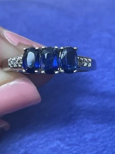 925 Sterling Silver Art Deco style lab created sapphire and Diamond Ring Size S - Picture 1 of 6