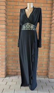 SUE WONG Sz 6 embellished waistband cascading side skirt ruffle black maxi dress - Picture 1 of 19