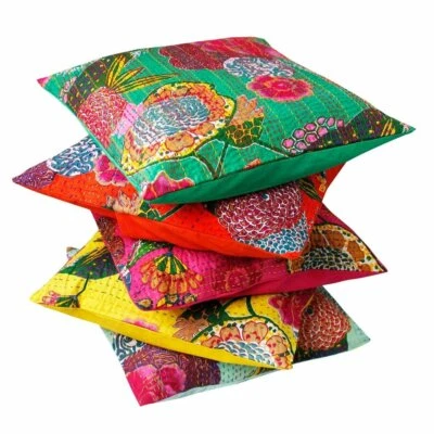 10 PC Kantha Throw Pillow Handmade Indian Cotton Cushion Cover Ethnic Decor - Image 1 of 4