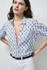 New Nili Lotan NL Shirt in Blue White Paisley Medium Woodblock Print Cotton - Picture 1 of 15