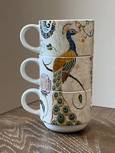 Pier 1 Imports Porcelain Peacock Coffee Cups Colorful Pattern Stackable Set Of 3 - Picture 1 of 15
