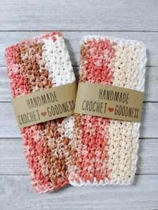 crochet handmade bath wash cloth spa face reusable sandstone stripe set - Picture 1 of 2