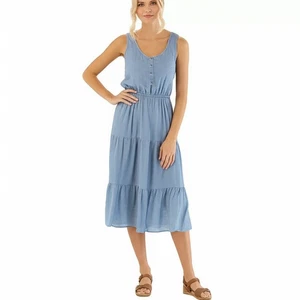 ANA Dress Womens Size L Light Blue Tiered Button Front Sleeveless Casual Boho - Picture 1 of 6