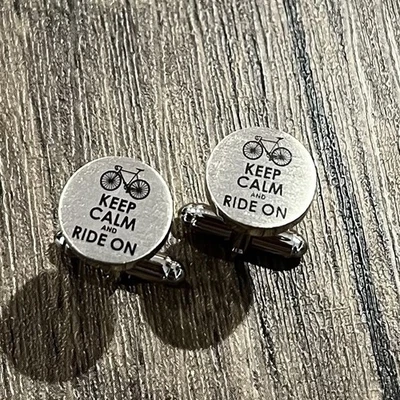 Brushed Silver Tone Round Keep Calm And Ride On Cufflinks Biking Fan Gift - Image 1 of 4