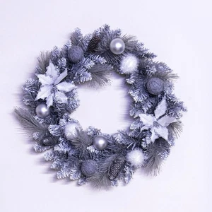 Corona di pino misto argento decorato 50 cm con poinsettia bianca - Foto 1 di 4