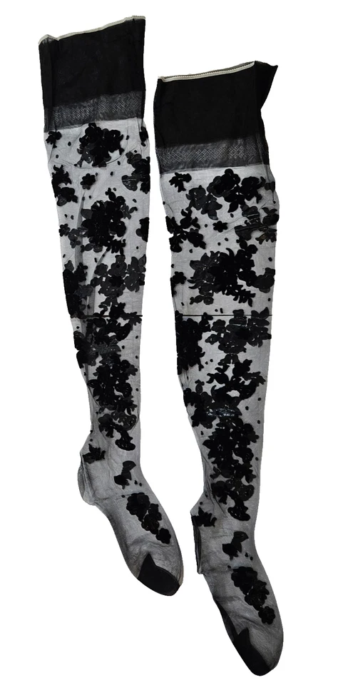 Medias Hanes Sheer Extravagance Negras Raras De Colección con Apliques Florales Talla M Foto 1 de 4