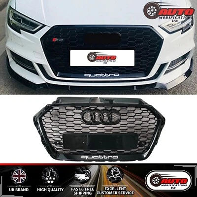 AUTO MODIFICATIONS UK Audi RS3 Style A3 S3 8V Front Main Grille Honeycomb Mesh Grill Gloss Black 17-20