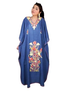 Women Kaftan Maxidress Boho Hippie Blue Cotton Embroidered Dresses One Size - Picture 1 of 1