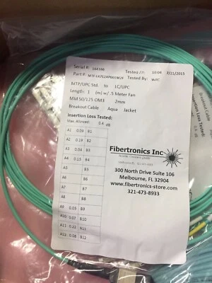 MTP Cable, 12 Fiber, Multimode OM3 - 1m MTF-LK7E2AP00M2F - Photo 1/2