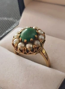 9ct Antique Chrysoprase & Pearl Rose Gold Ladies Ring AD74 - Picture 1 of 7