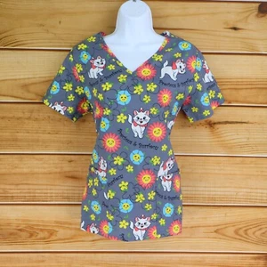 Disney Scrubs Top Womens Size XS Gray Colorful Floral 100% Cotton Aristocats - Picture 1 of 7