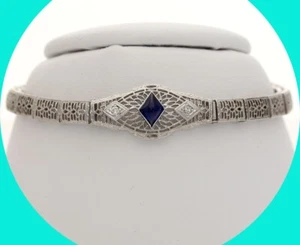 Antique Diamond Sapphire Filigree Bracelet .65CT White Gold 7 1/16” Long - Picture 1 of 7