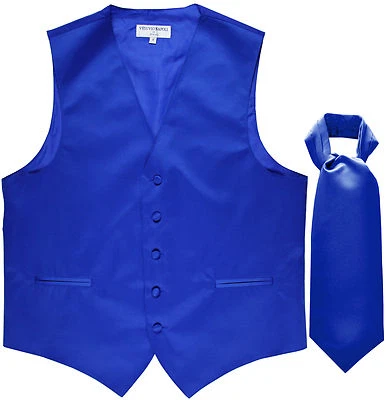 New Men's Formal Tuxedo Vest Waistcoat solid & Ascot cravat royal blue Prom - Image 1 of 4