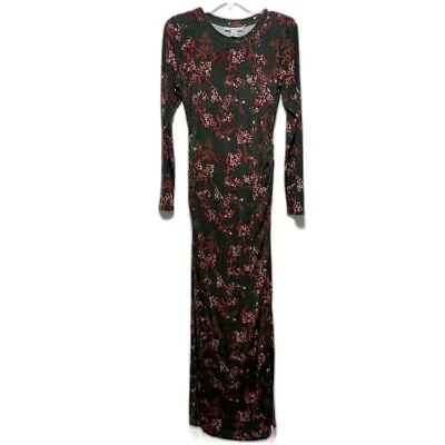 Motherhood Maternity Maxi Dress sz Medium Green Red Floral Long Sleeve Stretch - Image 1 of 4