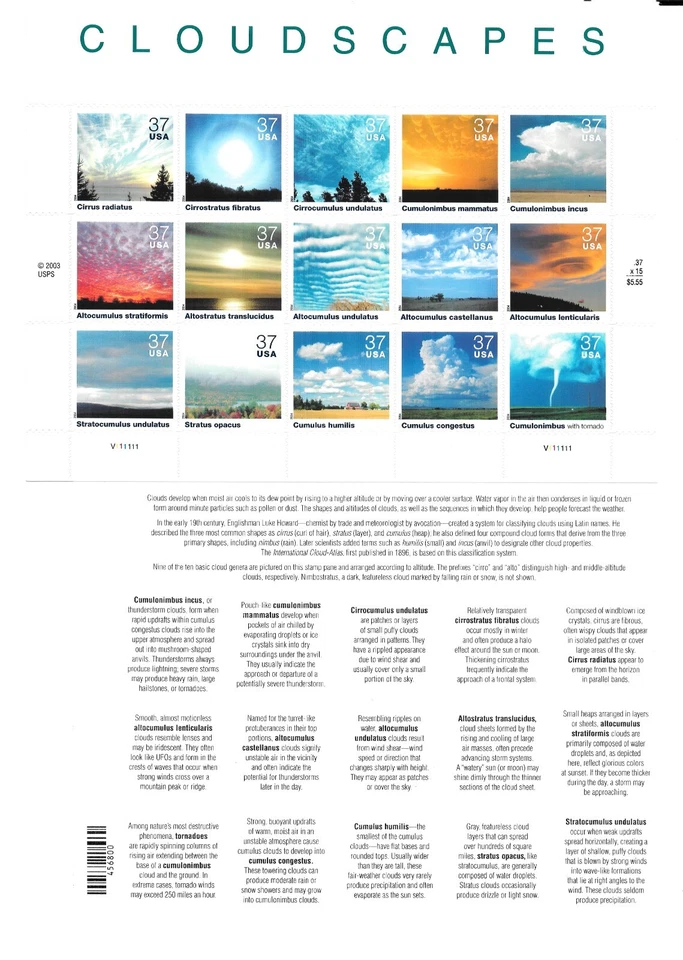 Scott #3878 Pane of 15, 37c Cloudscapes--FLAWLESS! 2024 Scott Catalogue $15.00 - Image 1 of 1