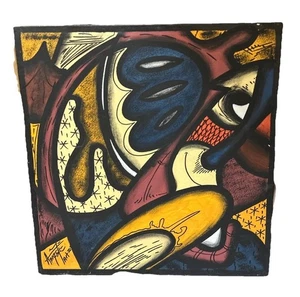 African Abstract Artwork Painting Lagos Nigeria Market Colour 18"x19" Signed - Picture 1 of 4