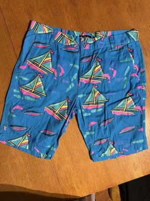 Розовый дельфин шорты 38 парусник дельфин печать 90-х неоновые серфинг пляж редкая - Изображение 1 из 4