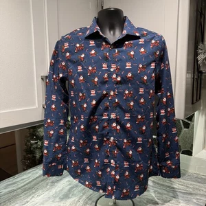 SIMON BANKS SANTA CLAUS BUTTON Up L/S CHRISTMAS SHIRT Men's Size M Blue - Picture 1 of 8