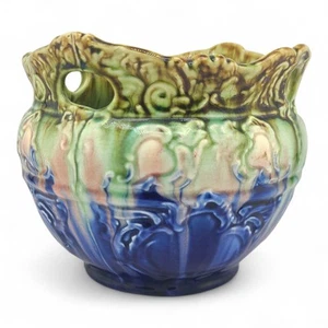 Antique Majolica Jardiniere Pottery Planter Pot Colorful Blended Glaze Blue Gree - Picture 1 of 18