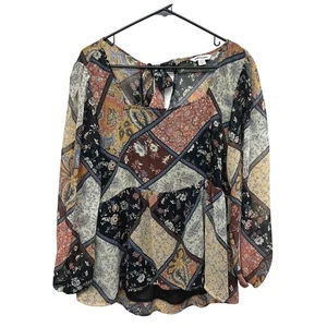 American Eagle Patchwork Floral Sheer Blouse Boho Festival Artsy Tie Back L - Picture 1 of 10