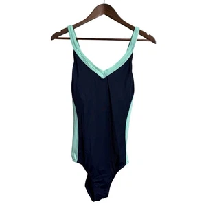 Lands End one piece swimsuit women's 10 blue color block stripe preppy modest - Picture 1 of 8