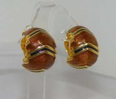 De Colección Joan Rivers Dorado Marrón Negro Esmalte AMPLIO Aro Clip En 1" Pendientes de Oro! Foto 1 de 4