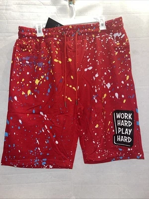 NUEVO Pantalones Cortos Galaxy By Harvick Salpicaduras de Pintura JUGAR TRABAJO DURO ROJO Talla Grande Foto 1 de 4