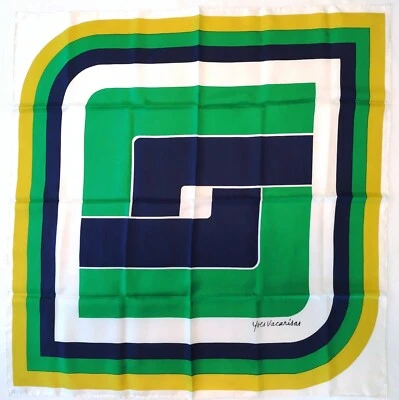 Винтажный 60-х Yves Vacarisas квадратный шелковый шарф синий зеленый геометрический вручную свернутый Японии - Изображение 1 из 4