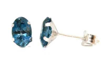9ct White Gold London Blue Topaz Studs Oval earrings Gift Boxed, Made in UK Foto 1 de 4