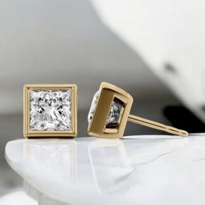2 Carat Princess Cut IGI Lab Created Diamond Gold Stud Earring 14K Yellow E F VS - Image 1 of 4