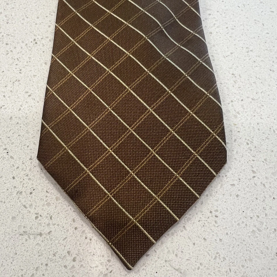 Kenneth Cole Necktie Mens Plaid Stripe Diamonds Brown Silk Tie Vintage 58"X 3.5” - Image 1 of 4