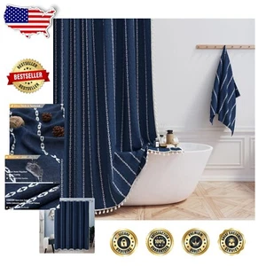 Chic 78" Long Navy Blue Shower Curtain Set with Hooks - Perfect for Luxury Baths - Picture 1 of 8