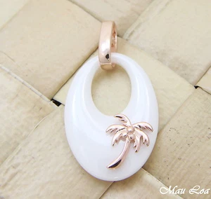 925 Silver Pink Rose Gold Hawaiian Coconut Palm Tree White Ceramic Oval Pendant - Picture 1 of 2
