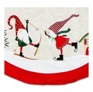 NWT Holiday Time 48" Skating Gnomes Linen Christmas Tree Skirt - Picture 1 of 8