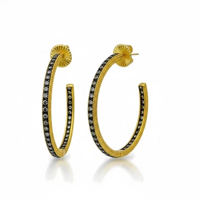 Pendientes de aro Freida Rothman ICON medianos negros circonita cúbica chapados en oro NUEVOS + Regalo gratis Foto 1 de 4