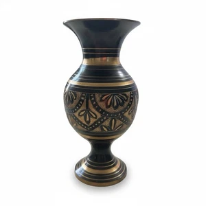Vintage Indian Handcrafted Black Brass Vase Etched Enamel Gold Floral 5 1/2” - Picture 1 of 9