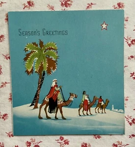 Tarjeta de felicitación estrella vintage de principios de siglo Navidad 3 reyes camellos palmeras palmeras - Imagen 1 de 4