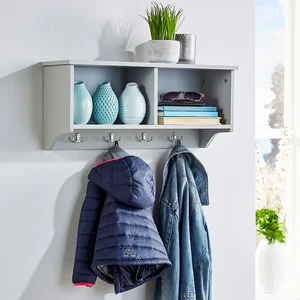 Coat Hook Wall Mounted Unit Grey 2 Open Shelves 4 Robe Hooks Bathroom Hallway - Picture 1 of 6